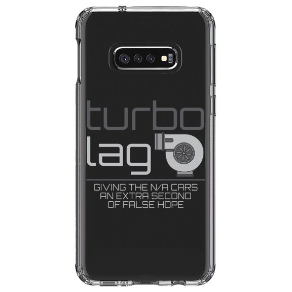 DistinctInk Clear Shockproof Hybrid Case for Samsung Galaxy S10e (5.8" Screen) - TPU Bumper Acrylic Back Tempered Glass Screen Protector - Turbo Lag - Giving N/A Cars False Hope