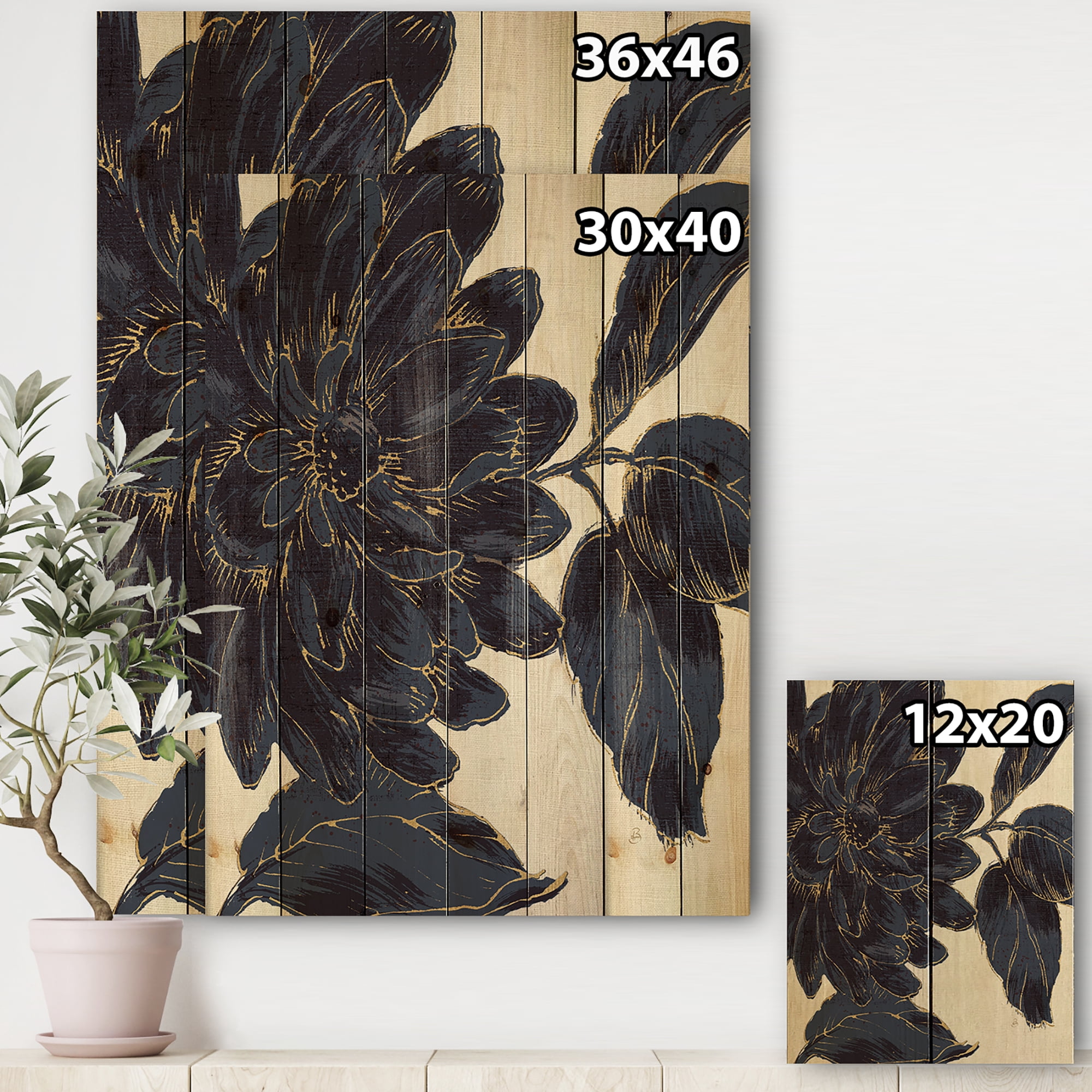 Designart 'Indigo Gold Metallic Flower' Traditional Print on Natural Pine Wood