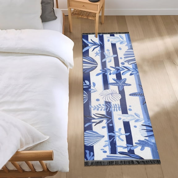 Navy Blue Stripes Leaves Starfishes Shells Bedside Runner Rug 2'x 6' Non Slip Carpet Floor Mat Area Rug