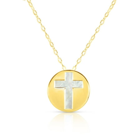 14K Yellow Gold Chain 16" Center Round Pendant & 11mm Necklace 1" Extender Mother of Pearl Cross