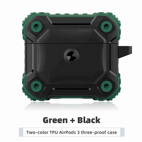 Dteck TPU Full-Body Protective Case Cover with Carabiner Armor Series Case for Apple Airpods 3 Shockproof AirPods Pro Wireless Charging Case Front Led Visible, green black