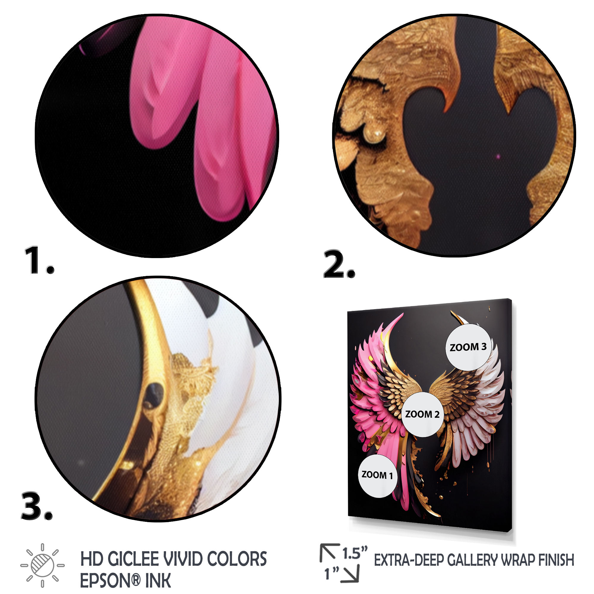 Designart Pink,Gold And Black Angel Wings III Canvas Wall Art