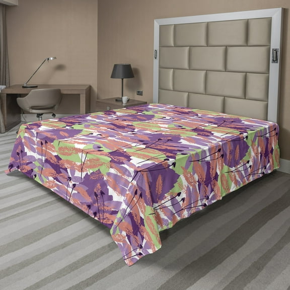 Leaves Flat Sheet, Botanical Themed Grungy Style Leaf Patterns in Pastel Colors Natural Artwork, Soft Comfortable Top Sheet Decorative Bedding 1 Piece, 6 Sizes, Violet Coral Green, by Ambesonne