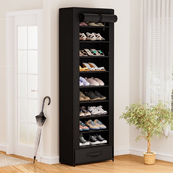 10 Tier Tall Fabric Covered Shoe Rack with bin, Functional Dustproof Shoe Racks with Cover, Space Saving Compact and Sturdy Shoe Storage Organizer with Side Pockets for Closet, Garage