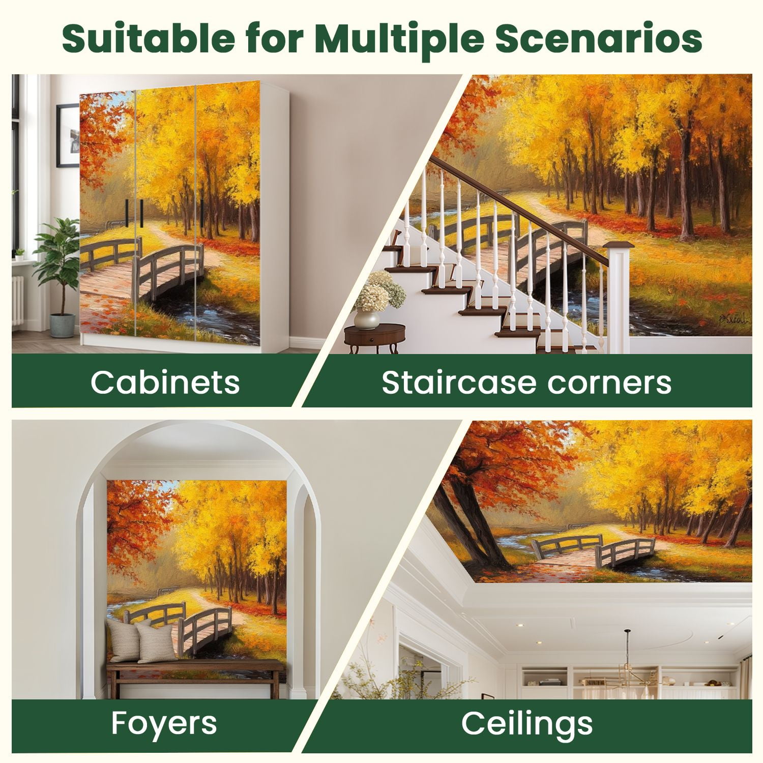 Peel and Stick Wallpaper Oil Painting Autumn Forest River Bright Red Leaves Colorful Bridge Modern Art Wall Mural Decor Self Adhesive and Removable 100in x 144in