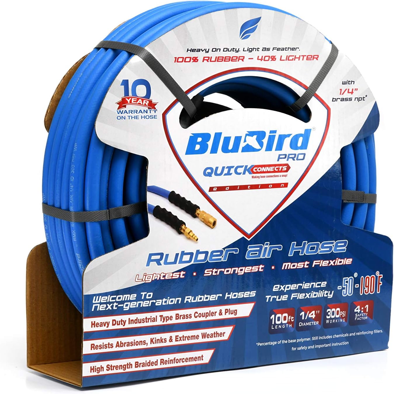 BluBird BluBird Pro Rubber Air Hose with Universal Quick Connect Coupler, Brass MNPT Industrial Fitting - 1/4" x 100 Feet