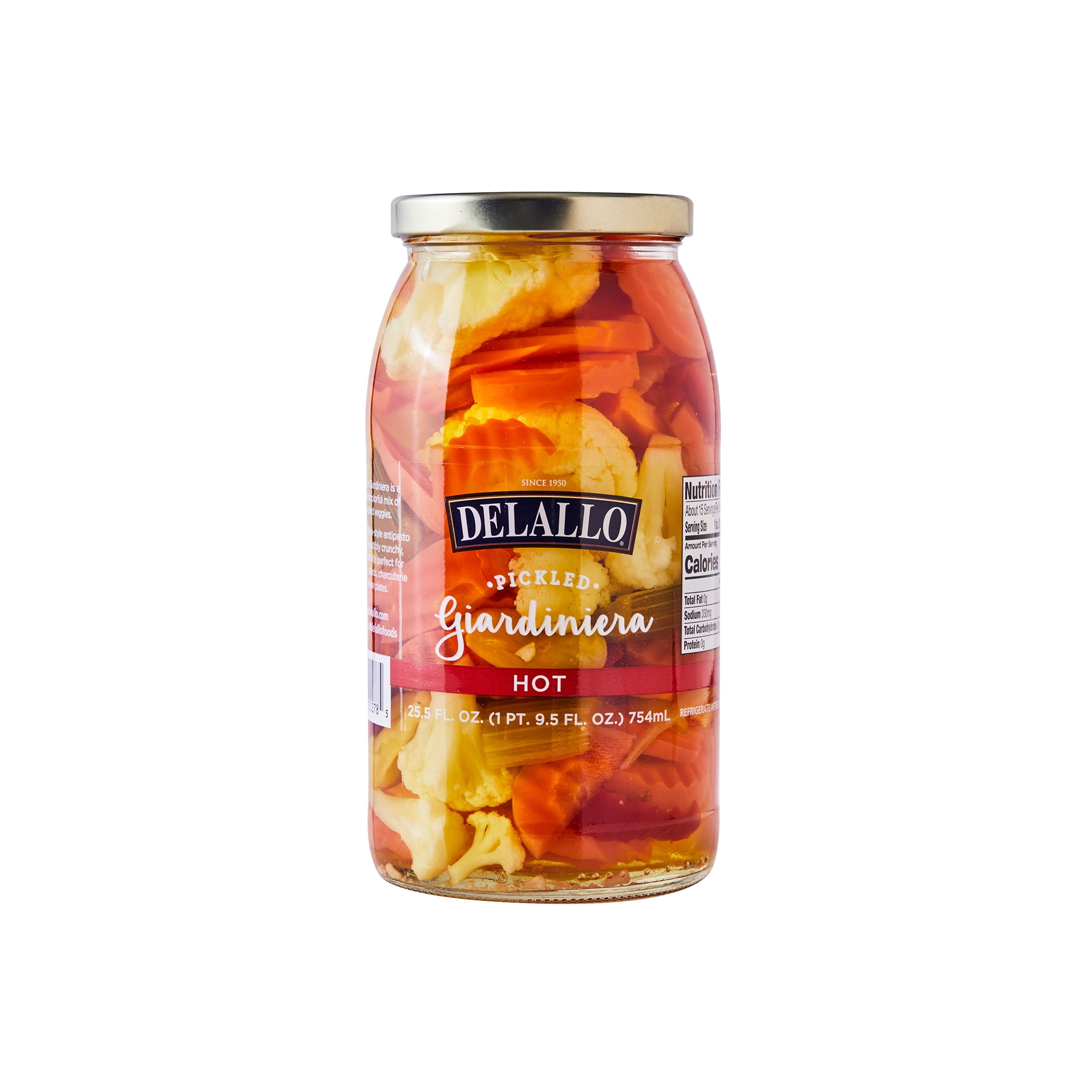 DeLallo Hot Italian Giardiniera, Non-GMO, Gluten Free, 25.5 oz Jar, (6 Pack)
