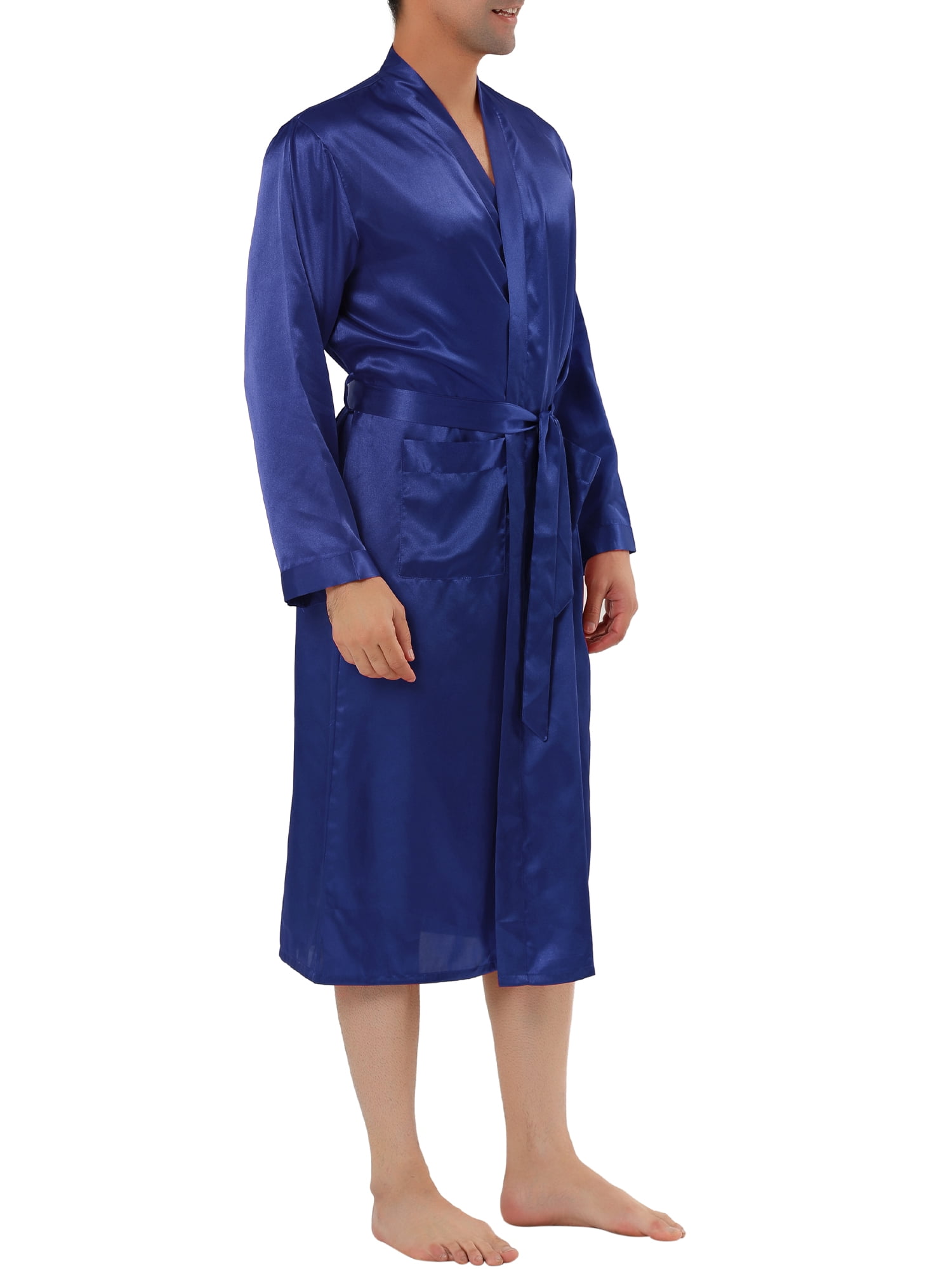 Unique Bargains Men's Satin Robe Nightdress Long Sleeves Sleepwear Pajama Bathrobe XL Blue