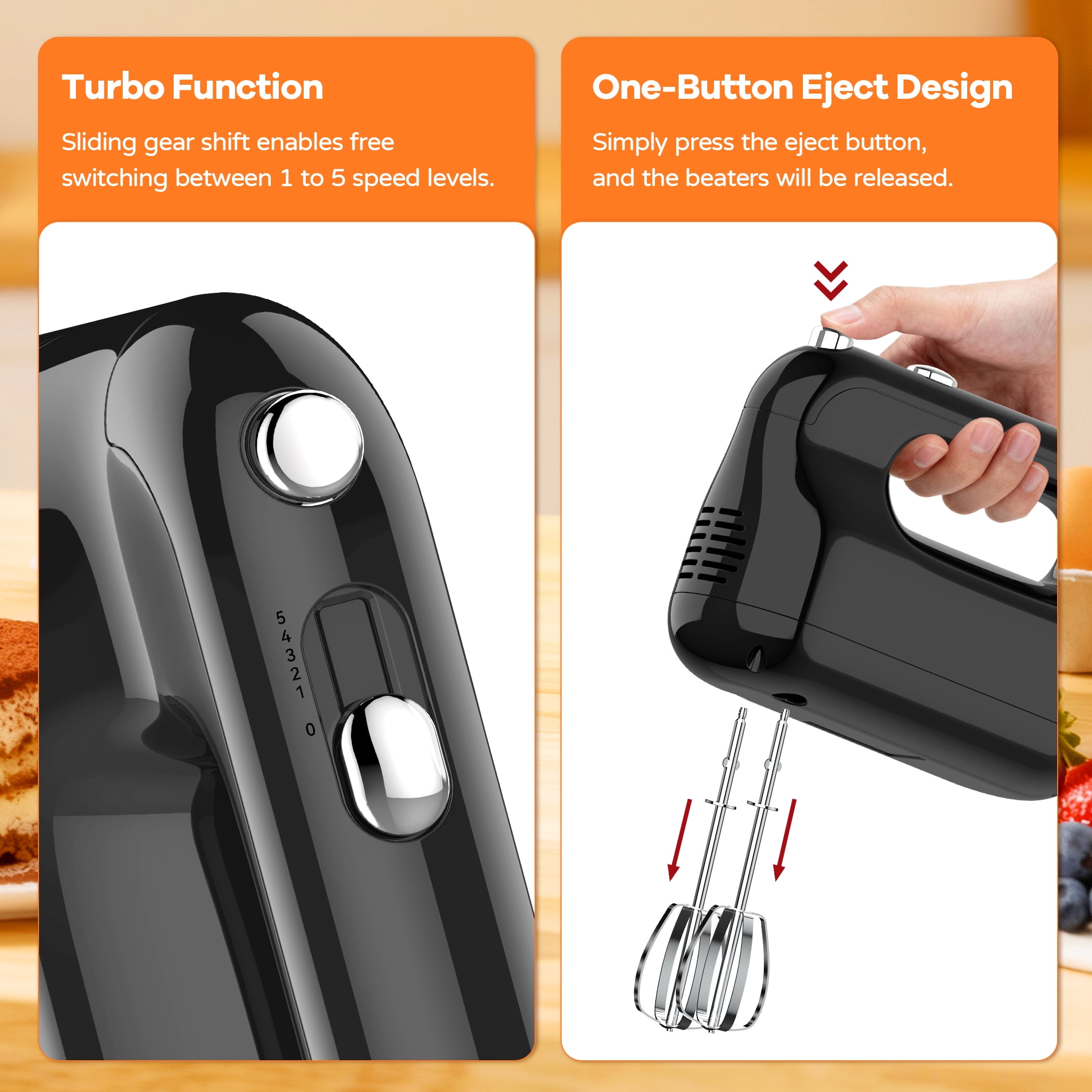 Hivroo Electric Hand Mixer, 5-Speed with Stainless Steel Beaters & Dough Hooks for Baking Cake Egg Cream Food