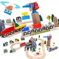 thumbnail image 2 of ORBRIUM Lift and Load Wooden Train Set with Magnetic Crane, Magnetic Helicopter, Large Diesel Engine, Semi-Truck, Shipping Container Flat Car Compatible with Thomas, Brio, Chuggington, Melissa & Doug, 2 of 3