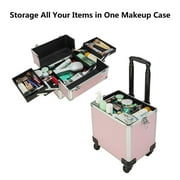 4 in 1 Rolling Makeup Train Case, Professional Aluminum Makeup Travel Organizer Cosmetic Case, Cosmetology Caboodle Case on 360° Wheels, Beauty Storage Luggage Lockable