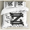 thumbnail image 1 of Letter Z King Size Duvet Cover Set, The Last Letter of the Alphabet in Calligraphic Design Z Symbol Curls Swirls, Decorative 3 Piece Bedding Set with 2 Pillow Shams, Black Grey White, by Ambesonne, 1 of 3