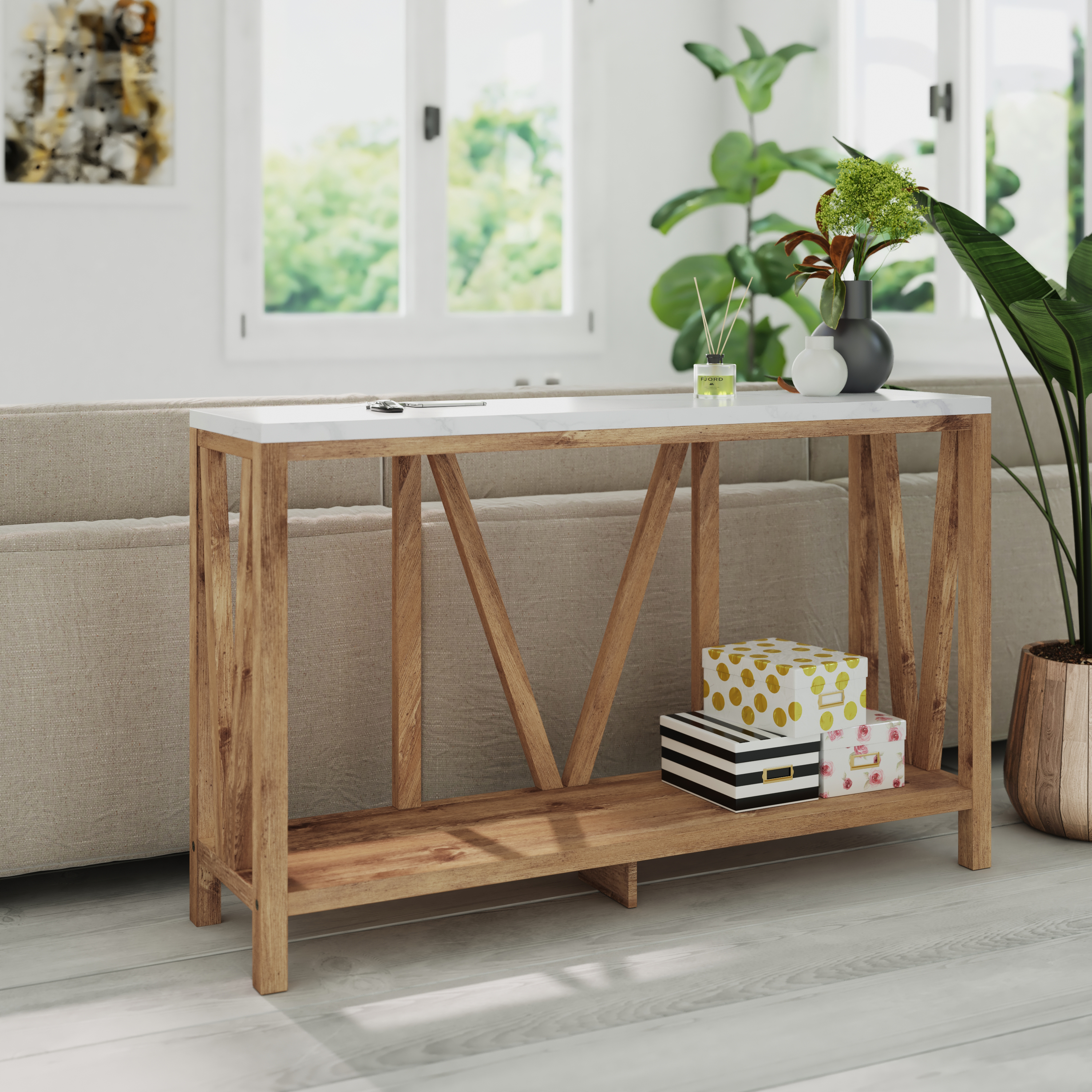 Emma + Oliver Modern Farmhouse Entryway Console Accent Table in Warm Oak with Faux Marble Finished Wood Top