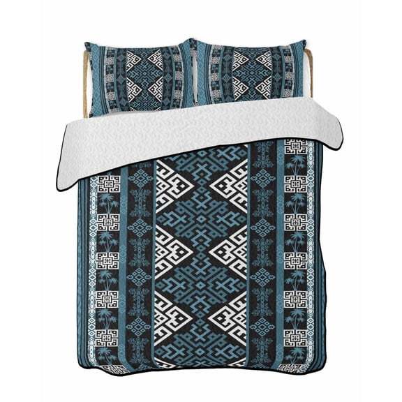 Twin XL Quilt Bedding Set, Navy Blue Boho Reversible Summer Quilt 3 Pieces, Geometric Vintage Abstract Art Ethnic Tribe Lightweight Bedspreads Coverlets with 2 Pillow Shams for All Seasons