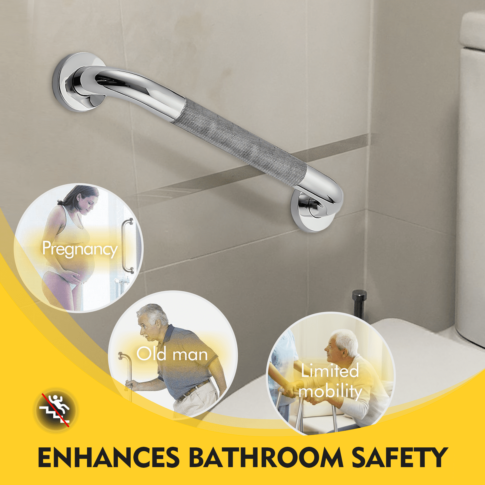 AOLIGO 16" Stainless Steel Grab Bars, 2 Pack, Anti Slip Shower Handles for Elderly and Handicap Bathroom Safety, Bathtub Assist