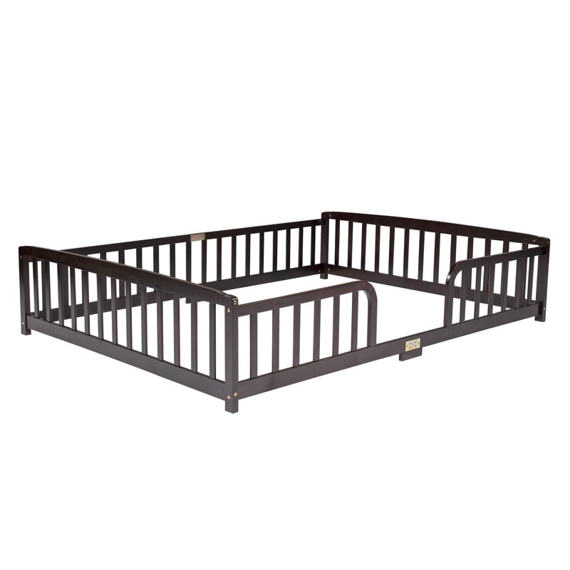 Queen Size Montessori Kids Floor Bed with Entrance, Toddler Crib Fence Bed, Low-Profile Wood Platform Bed Frame with Curved Guardrails