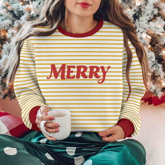 Uootdi Christmas Long Sleeve Sweatshirts Gift For Women Oversized Embroidered Striped Merry Christmas Letter Printed Pullove r Ugly Xmas Sweater Tops