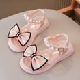thumbnail image 2 of Girls Flat Sandals Open Toe Cute Bow Lightweight Thick Sole Soft Footbed Pearl Ankle Strap Princess Dress Shoes Pink 3 Big Kid, 2 of 5