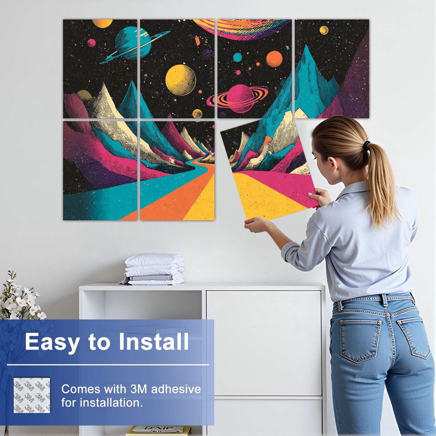8 Pack Art Acoustic Panels Colorful Cosmic Landscape Planets Mountains Psychedelic Retro Space Self Adhesive Sound Absorbing Panels for Home Office Studio Media Room 48"x32"