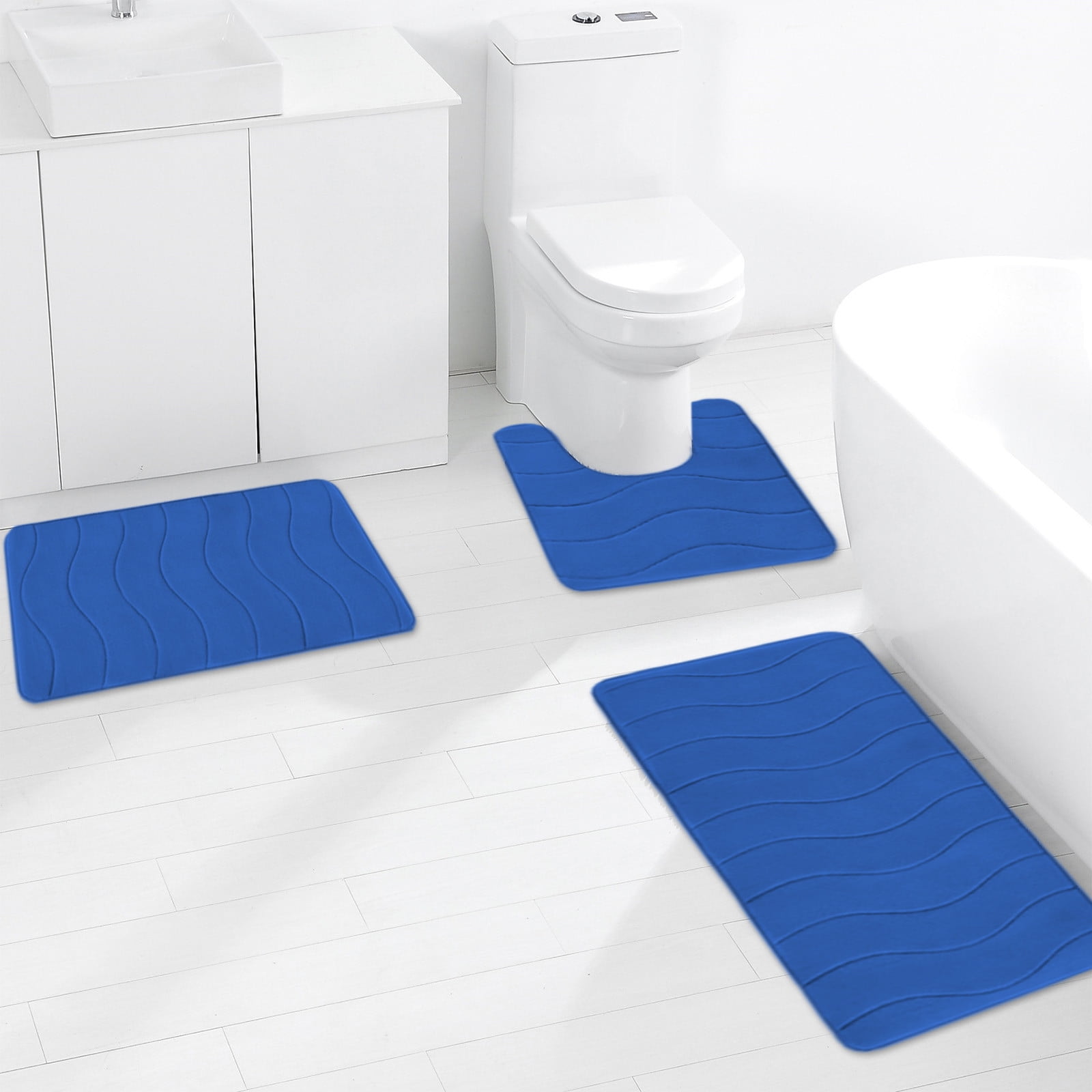 Hiroekza Solid Color Bathroom Rug Set 3 Piece Set - Non-Slip Absorbent Mats - Modern Polyester & Rubber Backing for Bathroom, Bedroom, Household Includes 2 Bathroom Rugs 1 U Shape Rugs Blue