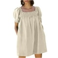 thumbnail image 2 of VBTAPA Womens Solid Babydoll Dresses Puff Short Sleeve Square Neck Mini Dresses Loose Casual Beach Dress Flowy Pleated Dresses with Pockets Beige S, 2 of 9