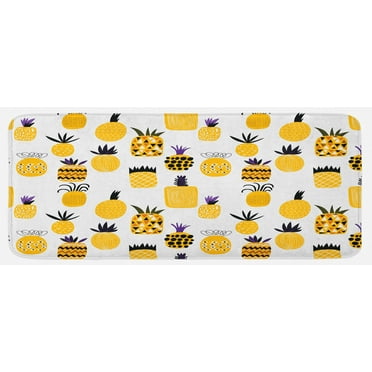 Yellow Kitchen Mat, Summertime Themed Abstract Patterned Pineapples Beach Fruits Doodle Style Drawing, Plush Decorative Kitchen Mat with Non Slip Backing, 47" X 19", Multicolor, by Ambesonne