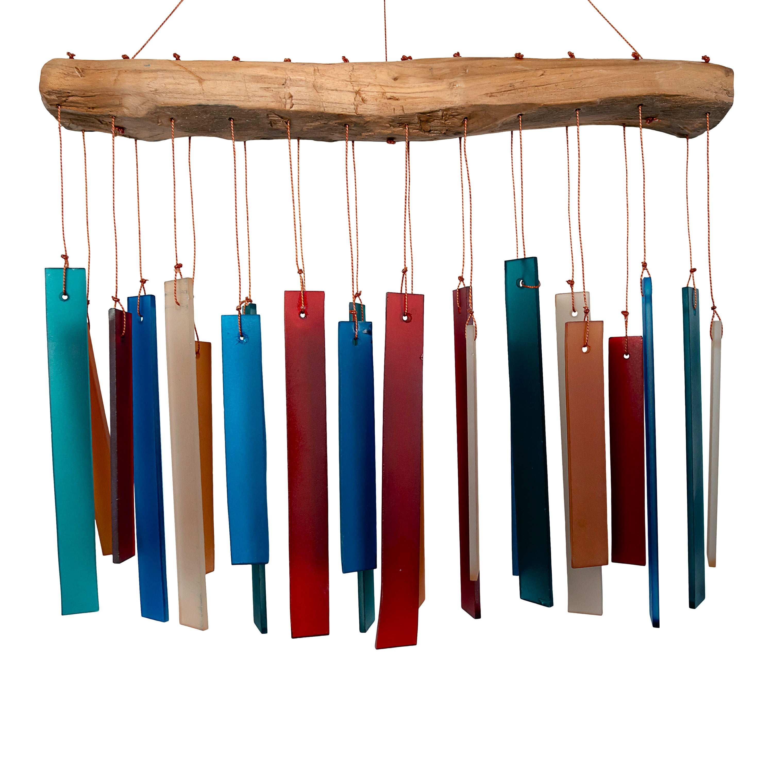 Blue Handworks Retro Colors Glass & Driftwood Chime - Sandblasted Glass and Found Wood Handcrafted Wind Chime for Outdoor and Garden Décor