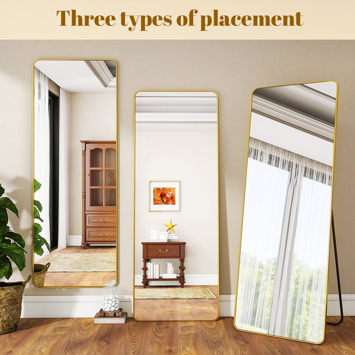 Easy4Home 16"x59" Rectangular Full Length Mirror with Round Corner Standing Full Body Mirror, Gold