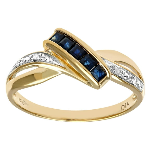 9ct Gold Jewelco London 2pts Diamond Square 0.28ct Sapphire Crossover Dress Ring