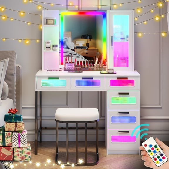 Gurexl White LED Vanity, Makeup Vanity with RGB Lights and 6 Drawers, Makeup Desk with USB/Wireless Charging, Dressing Table with Shelves/Cabins/Stool, Vanity Table Set as Gifts for Girls/Women