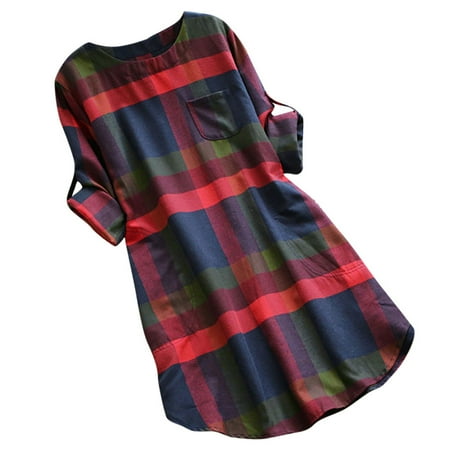 Winter Fall Dresses for Women Wedding Guest Long Sleeve Ladies Plaid Loose Pocket Swing Vintage Dress