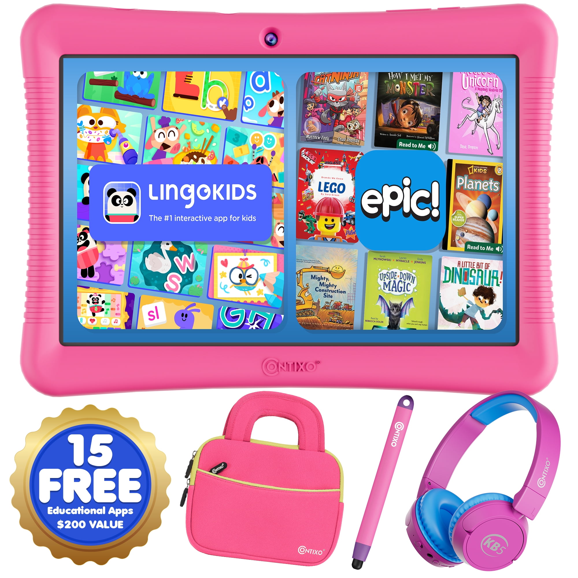 Contixo K102 Kids Tablets Bundle, Educational Tablets for Kids with Case, Stylus, Headphones, and Bag, 10โ, Pink