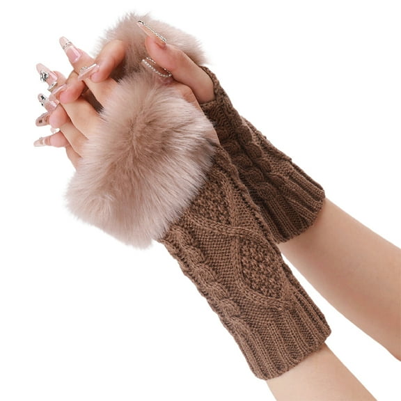 2 Pair 2 Pairs Furry Arm Warmers Fingerless Gloves Soft Fluffy Knitted Khaki Thumb Holes Gloves Winter Crochet Faux Fur Knitting Wrist Mittens Arm Sleeves for Women Writing Painting Typing Cycling