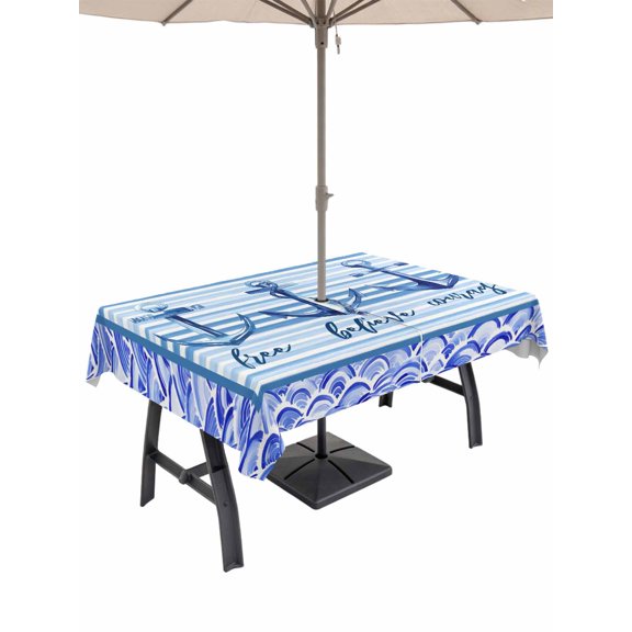 Outdoor Tablecloth with Umbrella Hole for Patio/Picnic/Party/Camping, Ocean Archor Waterproof Table Cloth Rectangle Table Cover Washable, Summer Rustic Nautical Coastal Beach Blue Stripes (60"x 84")