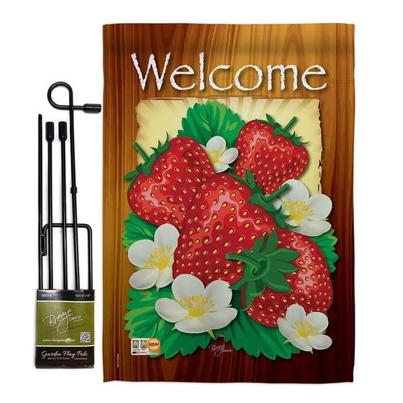 Breeze Decor BD-FT-GS-117023-IP-BO-D-US11-BD 13 x 18.5 in. Welcome Strawberries Food Fruits Impressions Decorative Vertical Double Sided Garden Flag Set with Banner Pole