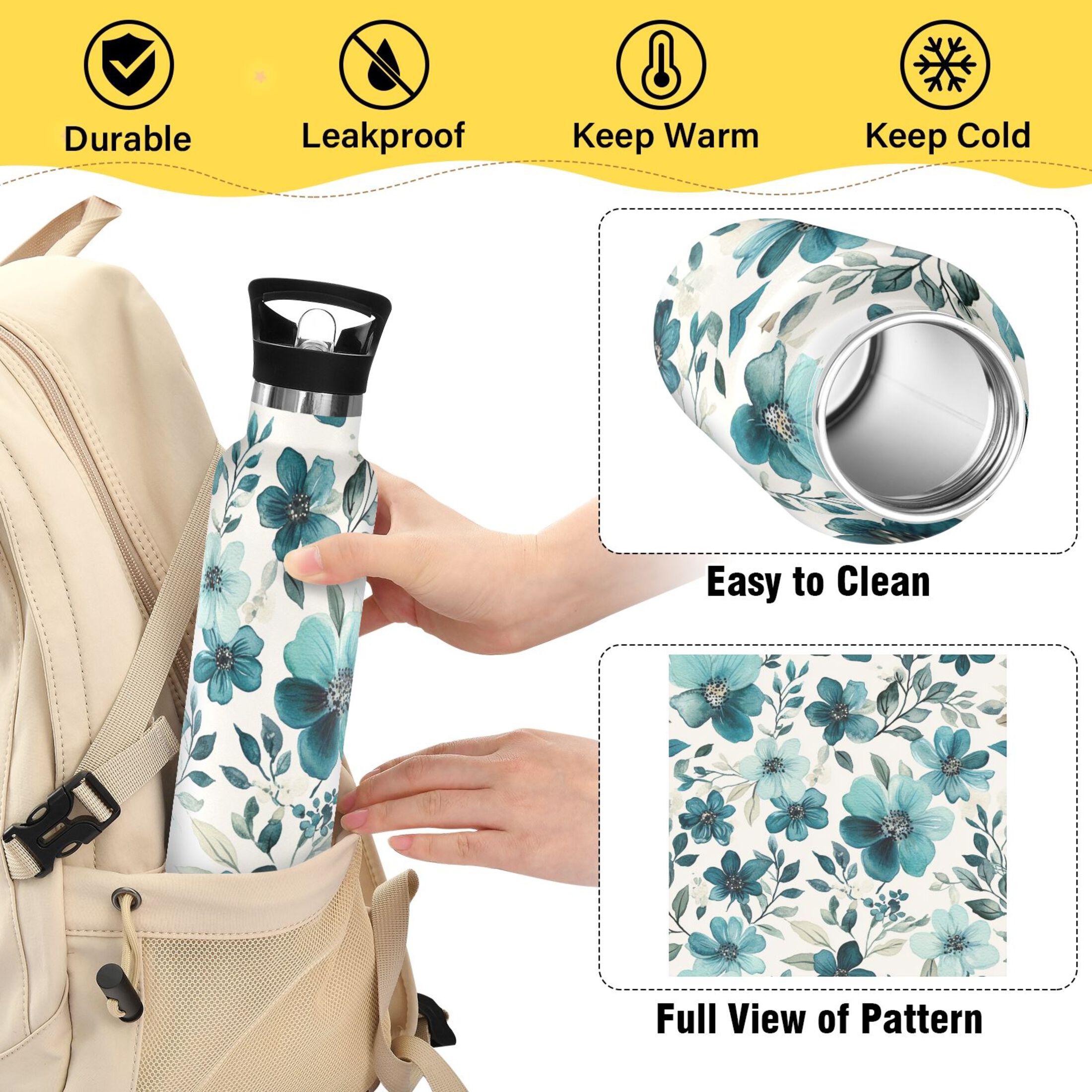 600ML Stainless Steel Insulated Cup Sports Water Bottle Portable Thermos Cup Water Glasses Insulated Tumblers Convenient and Durable Cartoon Turquoise Flowers