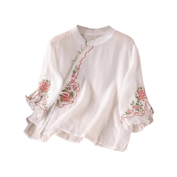 Vestidos Casuales Para Mujer, Blusas De Mujer De Moda Cárdigan informal de lino bordado para mujer, con botones, mangas cortas y cuello redondo