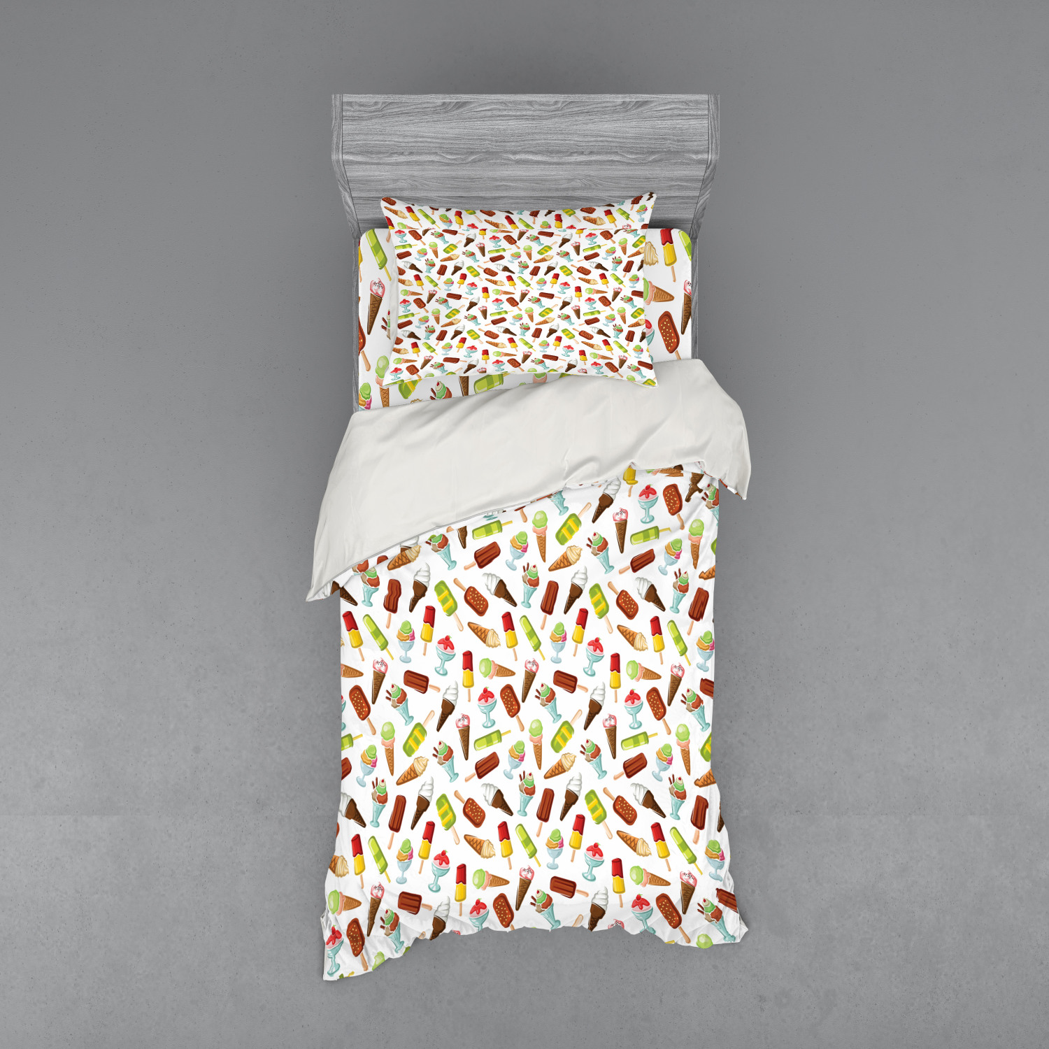 Ice Cream Duvet Cover Set, Frozen Desserts in Wafer Cone Glazed Eskimo with Whipped Cream