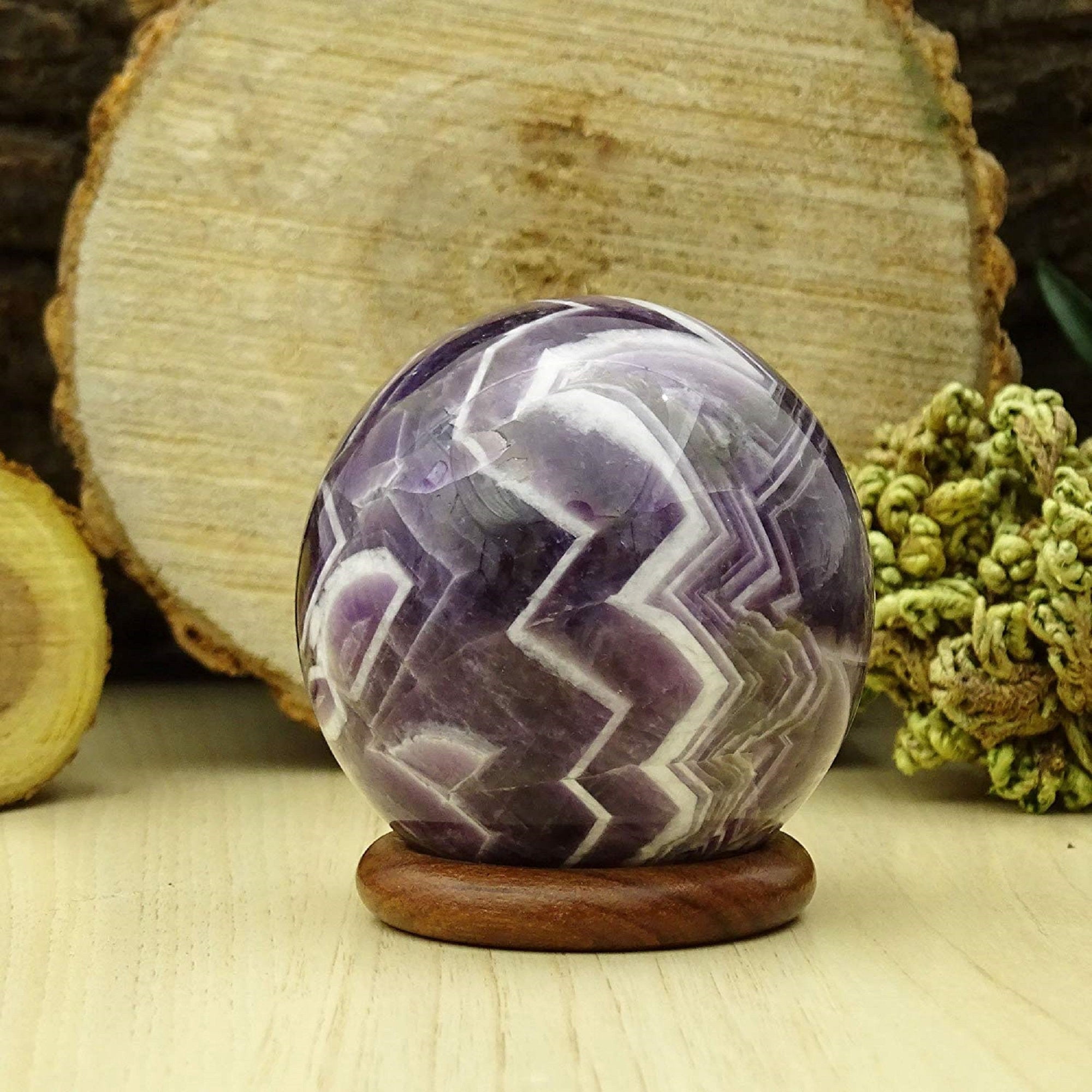 Reikiera Crystal Healing Amethyst Stone Ball Natural Gemstone Sphere with Ring Stand Reiki Table Decor- Choose Size