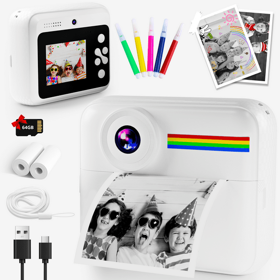 Kids Instant Print Camera with 64GB Card – Dual Lens, 1080P Digital Camera, Instant Photo Printing for Boys & Girls Ages 3-12, Pink Touch Brand – White