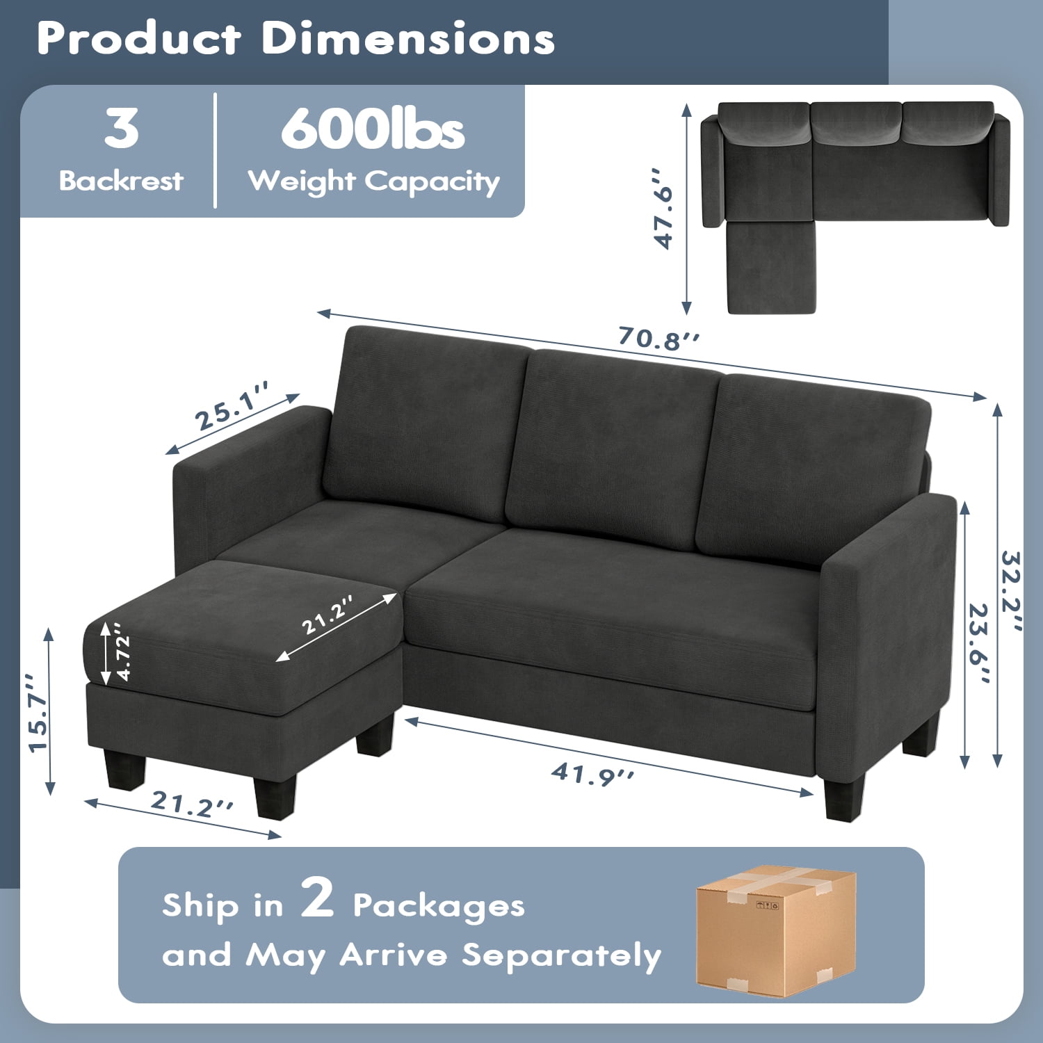Homall 70" Length Sectional L-Shaped Sofa 3-Seat Couch with Reversible Chaise for Small Living Room, Apartment and Small Space,Deep Gray