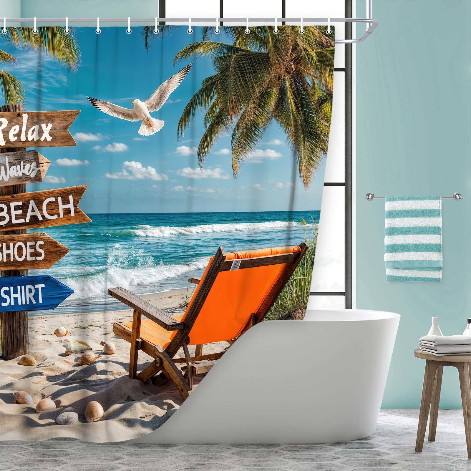 Tropical Beach Palm Tree Shower Curtains, Ocean Summer Shower Curtains for Bathroom, Sailing Seagull Sails Bath Curtain Bathroom Decor,70X85in