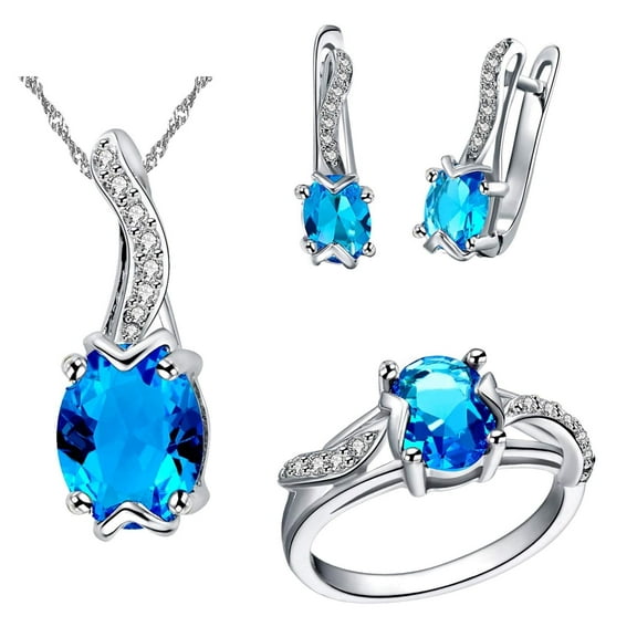 Uloveido Oval Cut Blue AAA Cubic Zirconia Pendant Necklace u Hoop arrings and Solitaire Ring Crystal Wedding Engagement Jewelry Set for Women (Blue, Size 6) T233