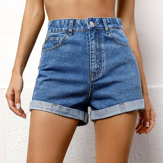 Idoravan Shorts for Women Clearance Women's Jeans Fashion High-waisted Straight Pocket Short Pants