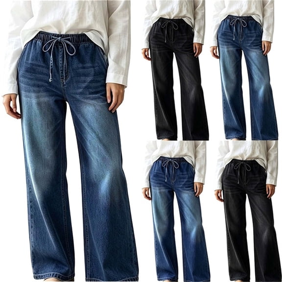 Miqool Wide Leg Jeans for Women Trendy Pleated High Waisted Drawstring Tie Elastic Waist Stretchy Denim Pants Trouser Jeans with Pockets