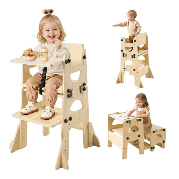 KFFKFF Adjustable Step Stools, Toddler Tower for Kids Aged 1-5, Weaning Table and Chair Set with Chalkboard, Backrest, Ideal for Kitchen and Kids Room