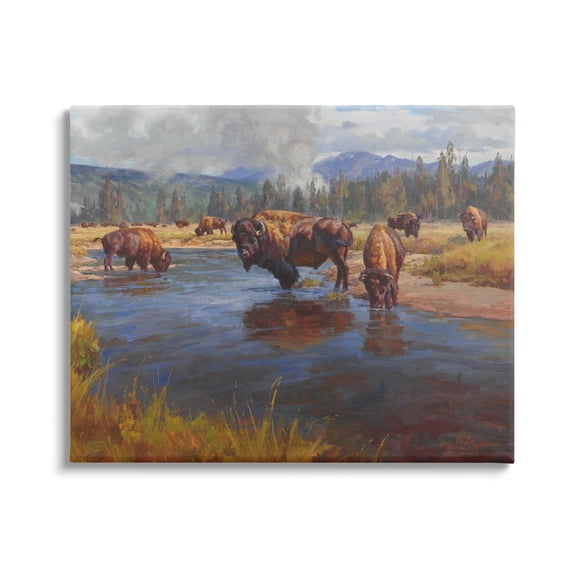 Stupell Industries Bison Herd by River Animals & Insects Painting Gallery Wrapped Canvas Print Wall Art, 20 x 16