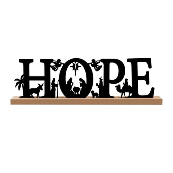 Tabletop Sign Christmas Nativity Scene Black Metal Figurines with Wood Base for Holiday Tabletop and Shelf Ornament