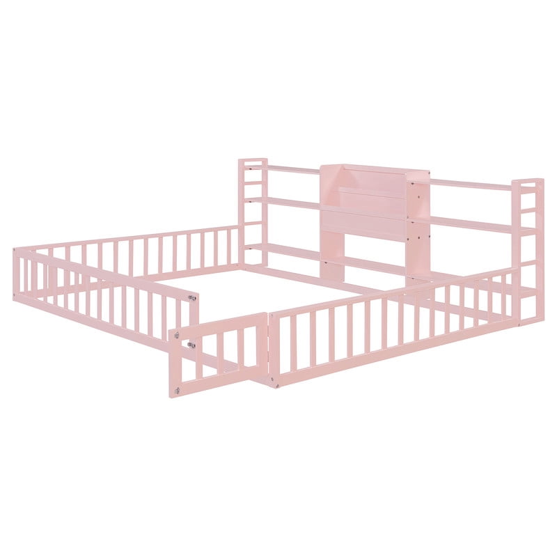 Queen Size Floor Bed Montessori Bed with Integrated Bookcase and 3-Tier Storage Shelves, Wooden Low Profile Toddler Bed Platform Bed with Safety Guardrails for Boys Girls