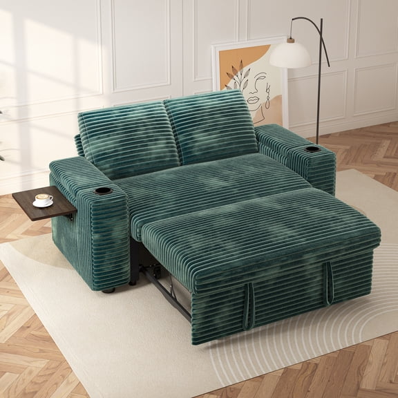 65" Multifunctional Plush Corduroy Loveseat Sleeper Sofa with Pull-Out Bed, Adjustable Backrest, USB Charging Ports, Cup Holders, Side Table & Storage Armrests, Easy Assembly